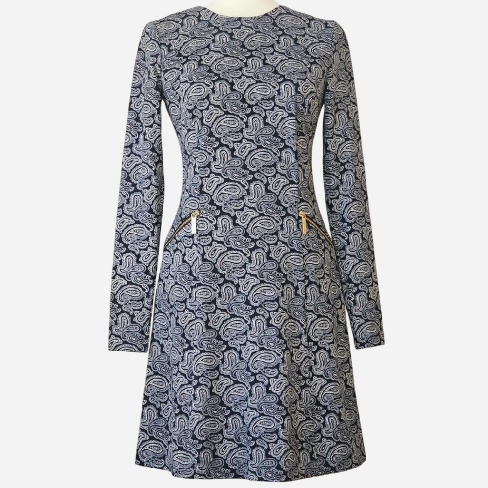 MICHAEL Michael Kors Women's Size 2 Navy and White Paisley Long Sleeve Dress